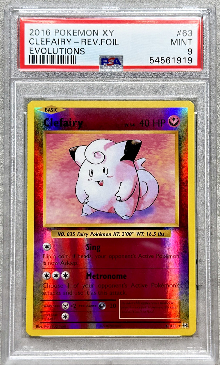 Pokémon Card Clefairy Reverse Holo Rare PSA 9 Mint, XY Evolutions 63/108, 2016