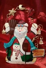 METAL SANTA & SNOWMAN HANGING WELCOME SIGN CHRISTMAS DÉCOR about 8" tall 6" wide