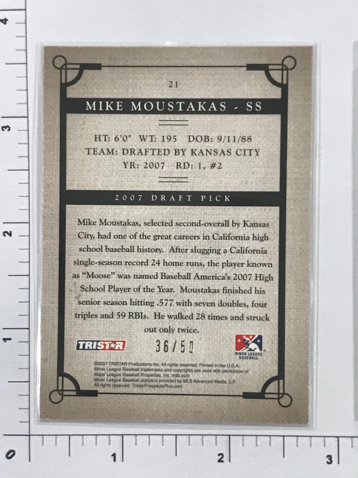 Tarjeta pre novato Mike Moustakas 2007 debut Tri Star Pro automática #d/50 Chukars Foto 2 de 2