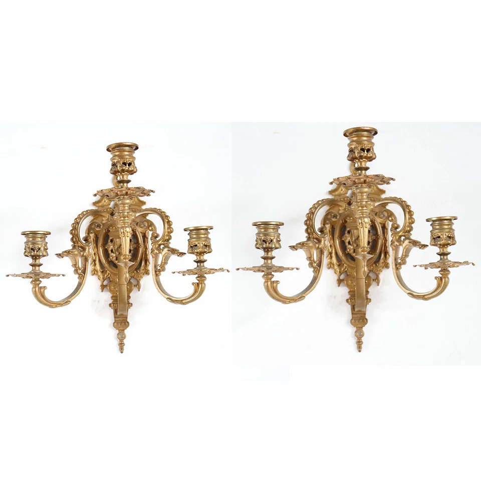 Pair Antique French Renaissance Revival Brass 3-Candlelight Wall Sconces c. 1890 - Image 2 of 4