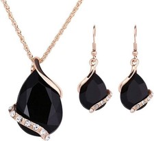 3 PC 16-18 Gold-Tone 1.5" Pendant Rhinestone Necklace Earring Set New 8054