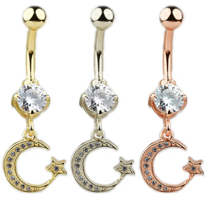 Mond mit Stern Bauchnabel Piercing mit Kristall Gold Rosegold Silber Moon Star