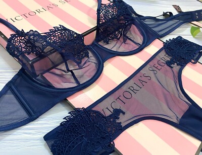 Victorias Secret Luxe Lingerie Unlined Dragon Lace Bra Cheeky Set  Mesh Blue