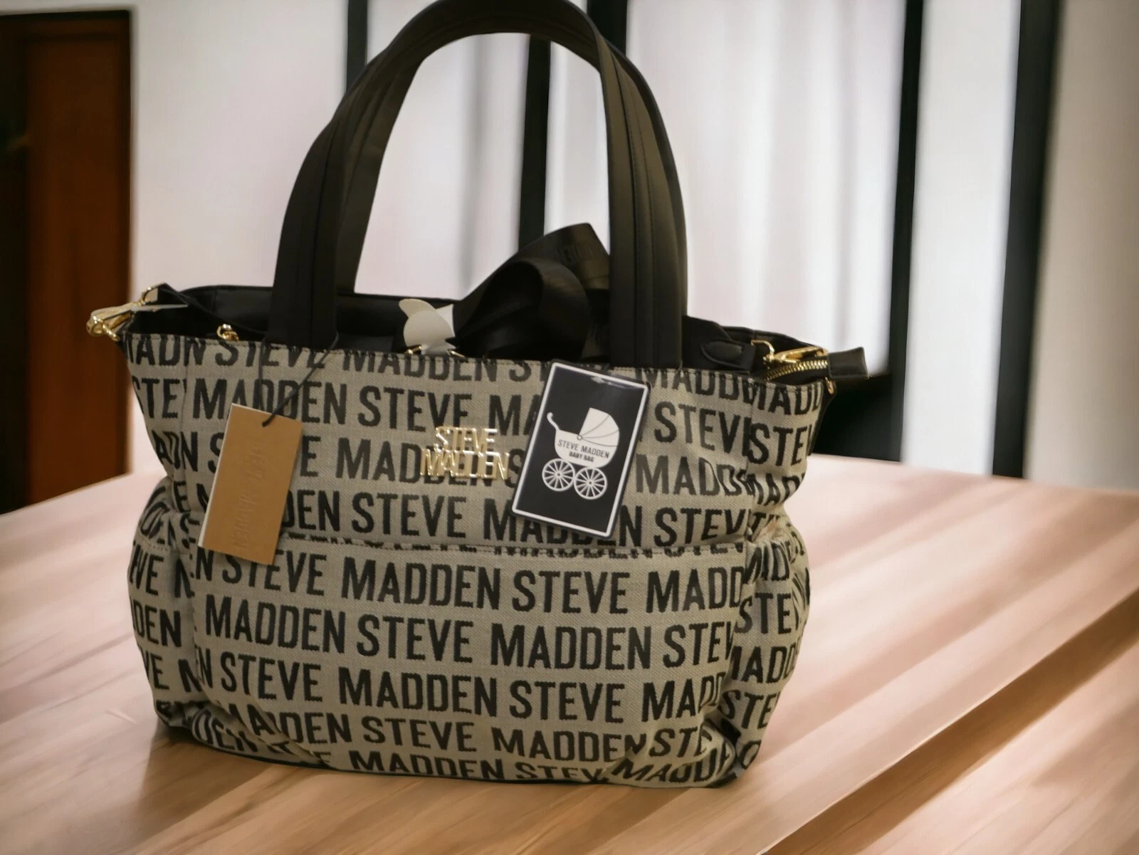 NEW WT STEVE MADDEN LARGE JACQUARD LEATHER TOTE DESIGNER DIAPER BAG BLACK PAD