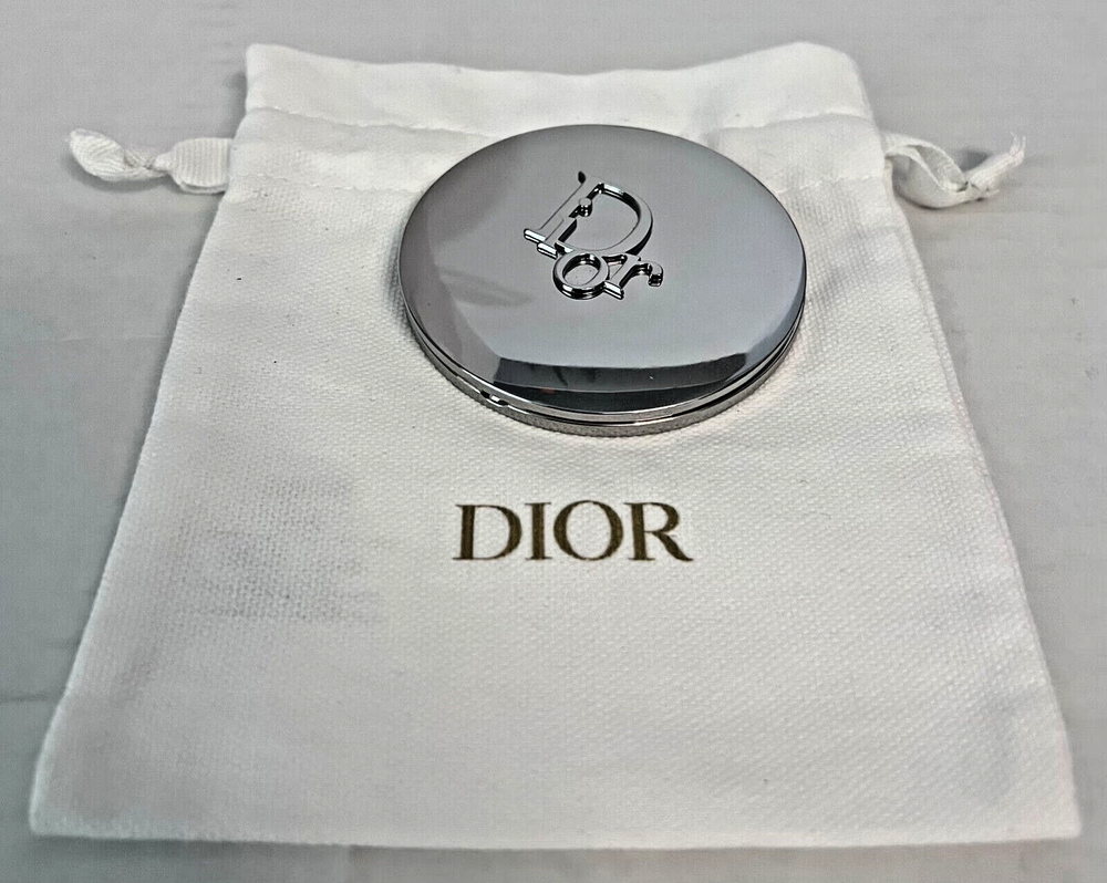 New 2024 Dior Novelty Silver Double Sided Compact Mirror & Dust Bag Christmas