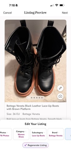 Bottega Veneta Black Leather Lace-Up Boots Brown Platform Women's 36 EU