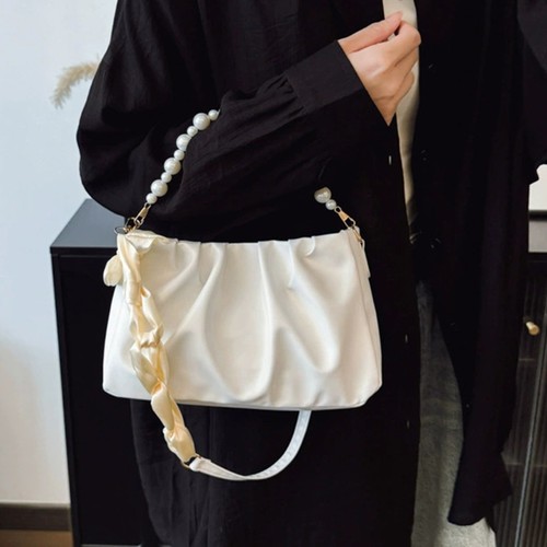 Elegant Faux Pearls Pleated Underarm Bag Cloud Strap Lightweight PU For Evening - Picture 4 of 8