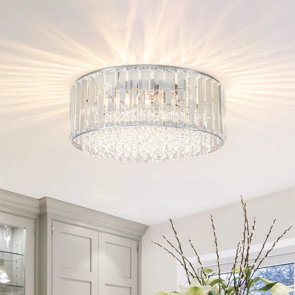Modern Crystal Round Semi Flush Mount Ceiling Light Fixture Living Room Bedroom - Image 3 of 4