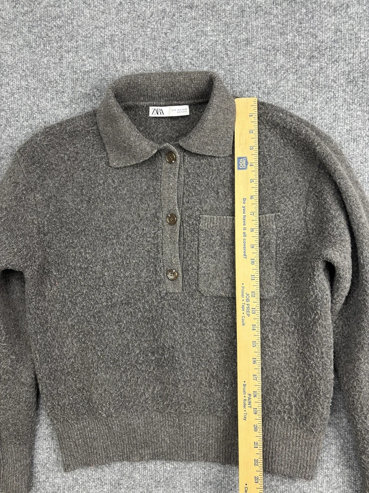 Suéter Zara Mujer Pequeño Marrón Gris Cuello Polo Tejido Pullover Bolsillo Suave Foto 3 de 4