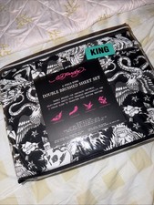 Ed Hardy New King 6 Pc Sheet Set Halloween Skulls Snakes Black White