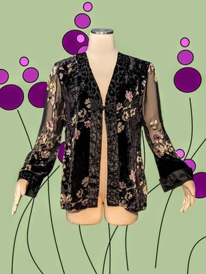 J.R. NITES BY CALIENDO Jacket Blouse Romantic Black Green Purple FLORAL Women's 