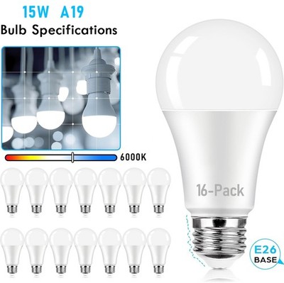 16-Pack LED Light Bulbs 100 Watt Eq. 1500LM A60/A19 E26 15W Daylight White 6000K
