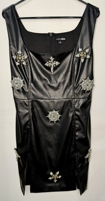 Fashion Nova Ashlynn Black Faux Leather Rhinestone Cross Studded Mini Dress Sz L