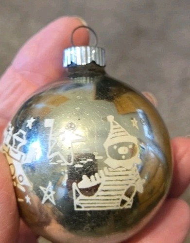 Vintage Shiny Brite Xmas Ornament Stenciled Gold/ Jack In BOX Rare 2 1/4"