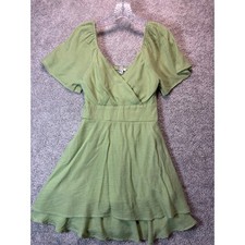 AUW Sage Green Surplice Smocked Back Tiered Ruffle Mini Dress Womens Medium M