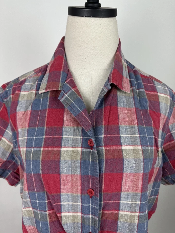 Vintage 90s Plaid Shirt Womens Large Woven Linen Cotton Blend Boxy Minimalist - Image 3 of 4