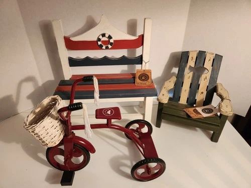 Boyds Bears Sailing Away Bench, On Bear Pond Adirondack Chair, Tricycle wBasket
