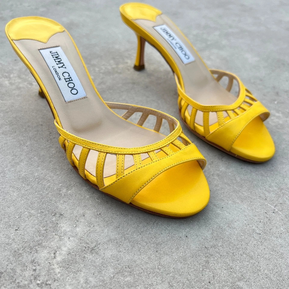 Jimmy Choo | Authentic Vintage Yellow Leather Cut-Out Strappy Mules (35.5) - Image 3 of 4