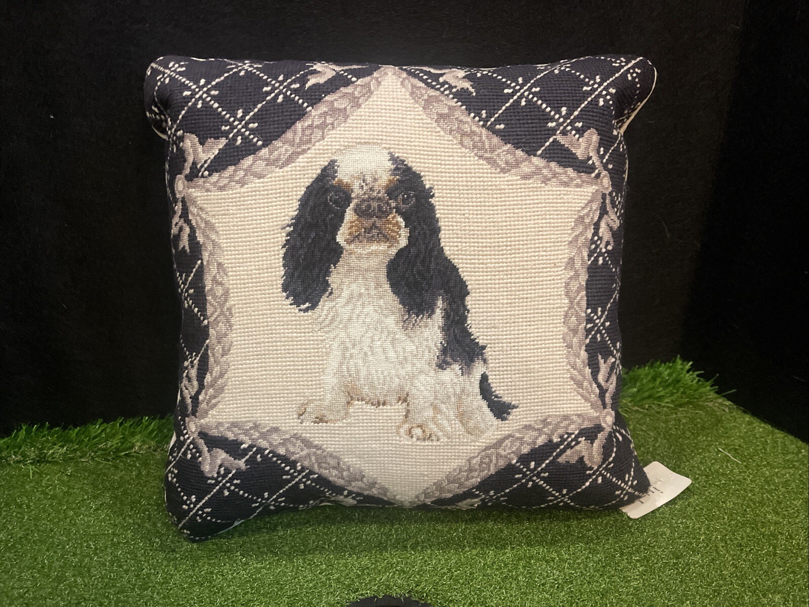 16"x16" Handmade Wool Needlepoint Cavalier King Charles Spaniel Dog Black Pillow