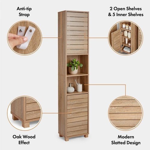 Tall Bathroom Cabinet, Oak Wood Effect Bathroom Tallboy Storage Unit, VonHaus - Picture 3 of 8