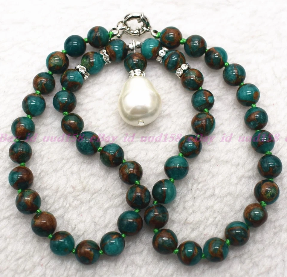 Natural 8mm Green Gems in Quartz with Pyrite Shell Pearl Pendant Necklace 18" - Image 3 of 3