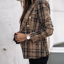 Womens Long Sleeve Plaid Blazer Suit Jacket Ladies Double Breasted Formal Coat/