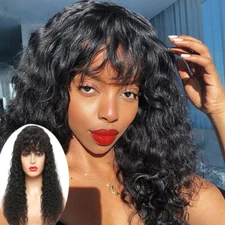 Long Deep Wave Wig With Bangs Black Curly Synthetic Hair Wigs Natural Daily US
