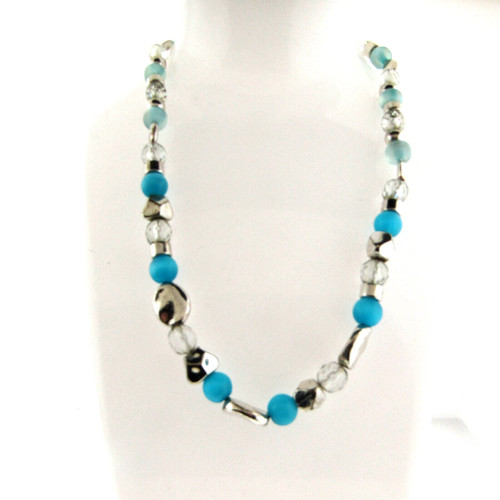 Blue and Clear Acrylic Bead Necklace Silver