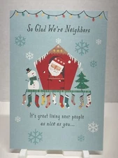 Hallmark Christmas Greeting Card Unused Neighbor Santa Snowman Stockings