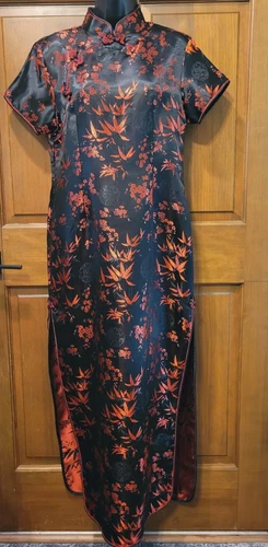 Vintage Mimi Cheongsam Asian Chinese Red/Black Satin Brocade Formal Gown
