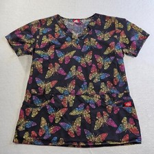 Dickies Scrub Top Women Medium Butterfly Print Nurse Uniform Medical Office Logo