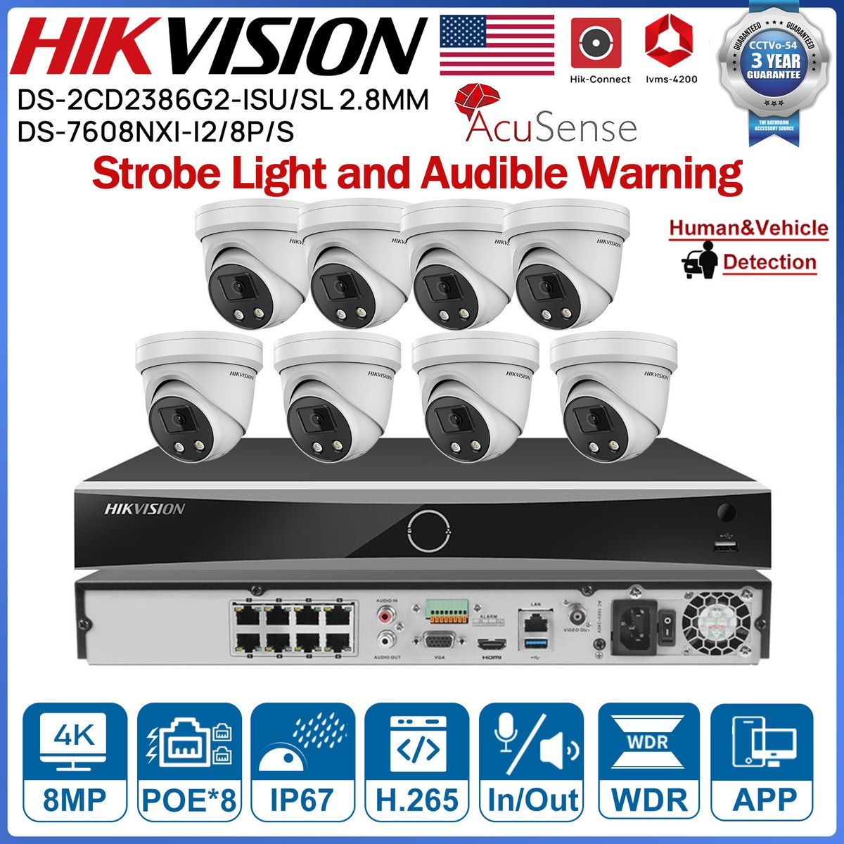 Hikvision 8CH NVR 8MP IP Camera Mic AcuSense Security System POE