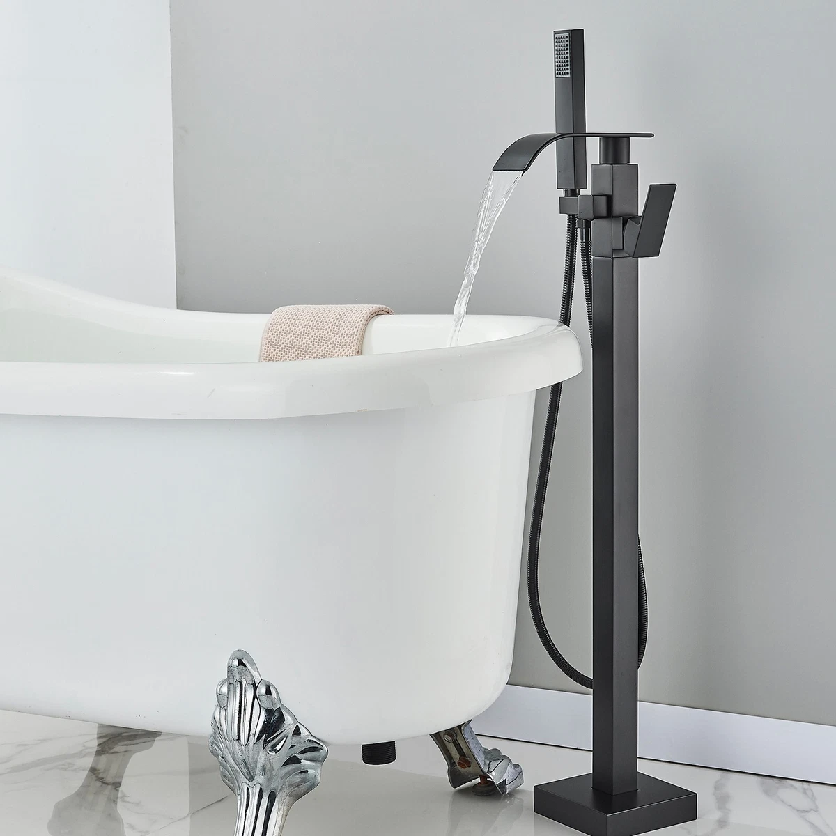 Free Standing Tub Filler SHAMANDA Freestanding Bathtub Faucet - Brushed Gold Floor Mount With Hand Shower Single Handle Tub Filler