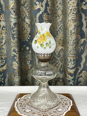 Antique Vtg Victorian Glass Oil Lamp Hand Painted Yellow Rose Country Farmhouse