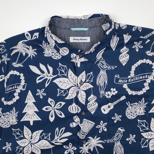 Camisa Hawaiana Tommy Bahama 2XL Hombres Mele Kalikimaka Manga Corta Algodón Azul - Imagen 2 de 12