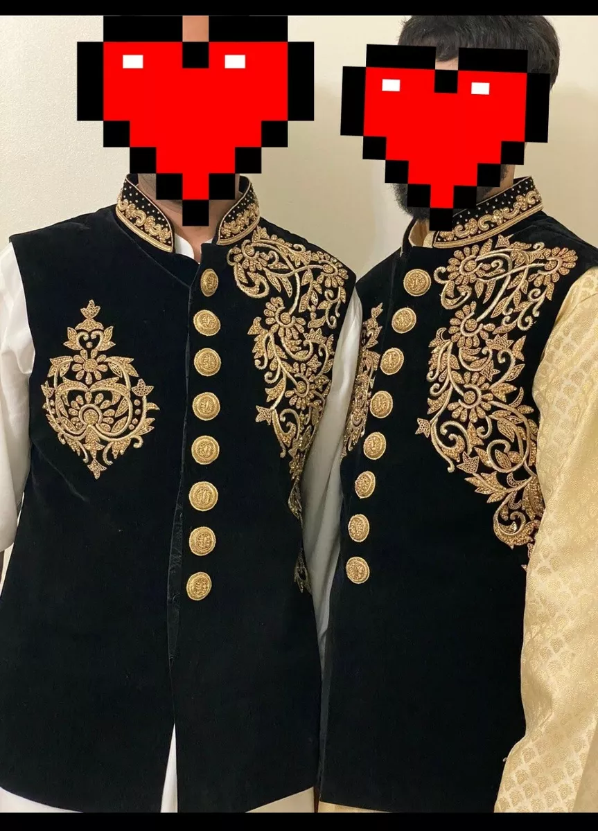 men heavy embroidery waistcoat shalwar kameez indian pakistani wedding mehndi