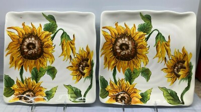 2 pcs Maxcera Yellow Sunflower Square Dinner Plate Platter 10 5/8 '' New Flower 