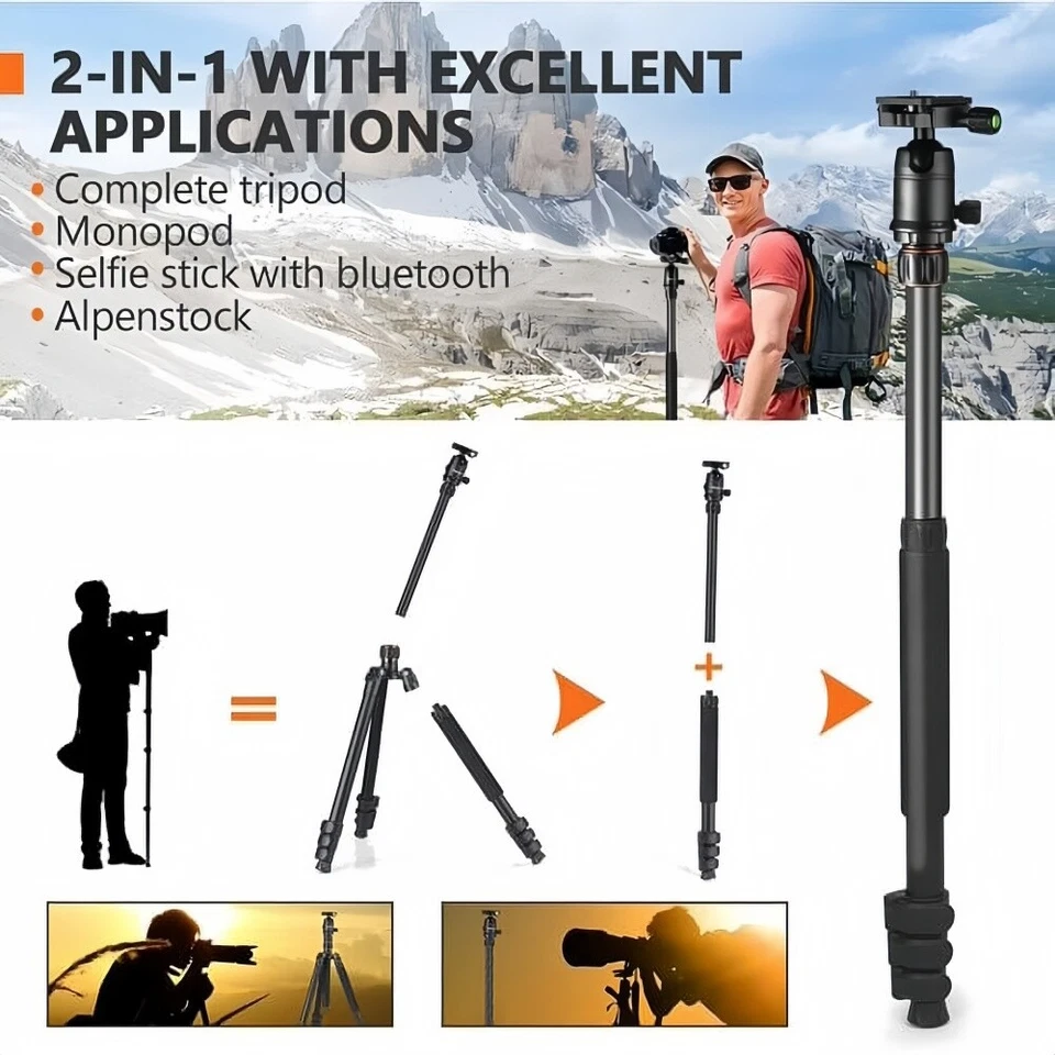 Trípode de 81 pulgadas con monopie, adecuado para teléfono inteligente y cámara DSLR, disparo de 360 ° Foto 3 de 4