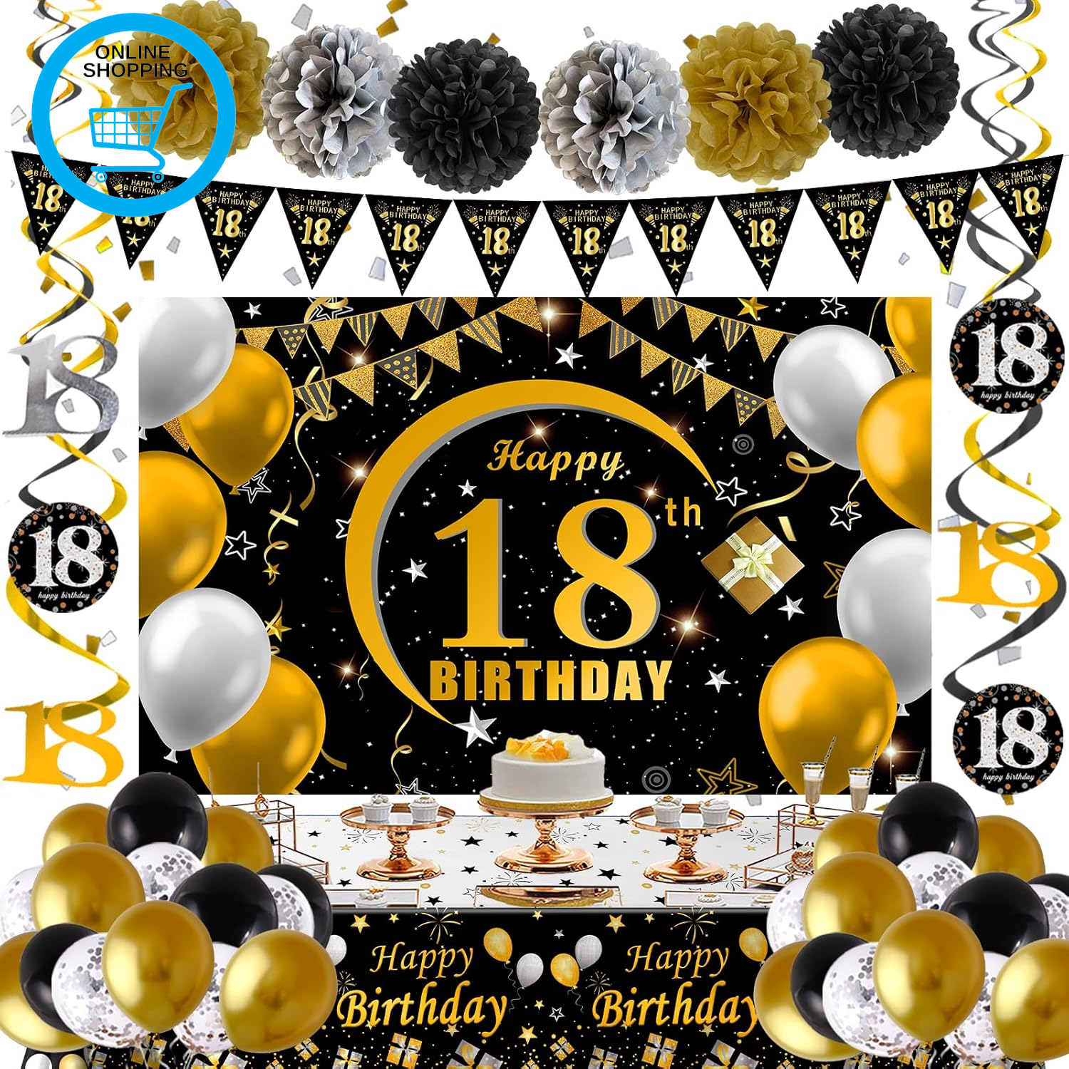 18Th Birthday Decorations for Boys Girls, 18Th Birthday Banner Backdrop Balloons