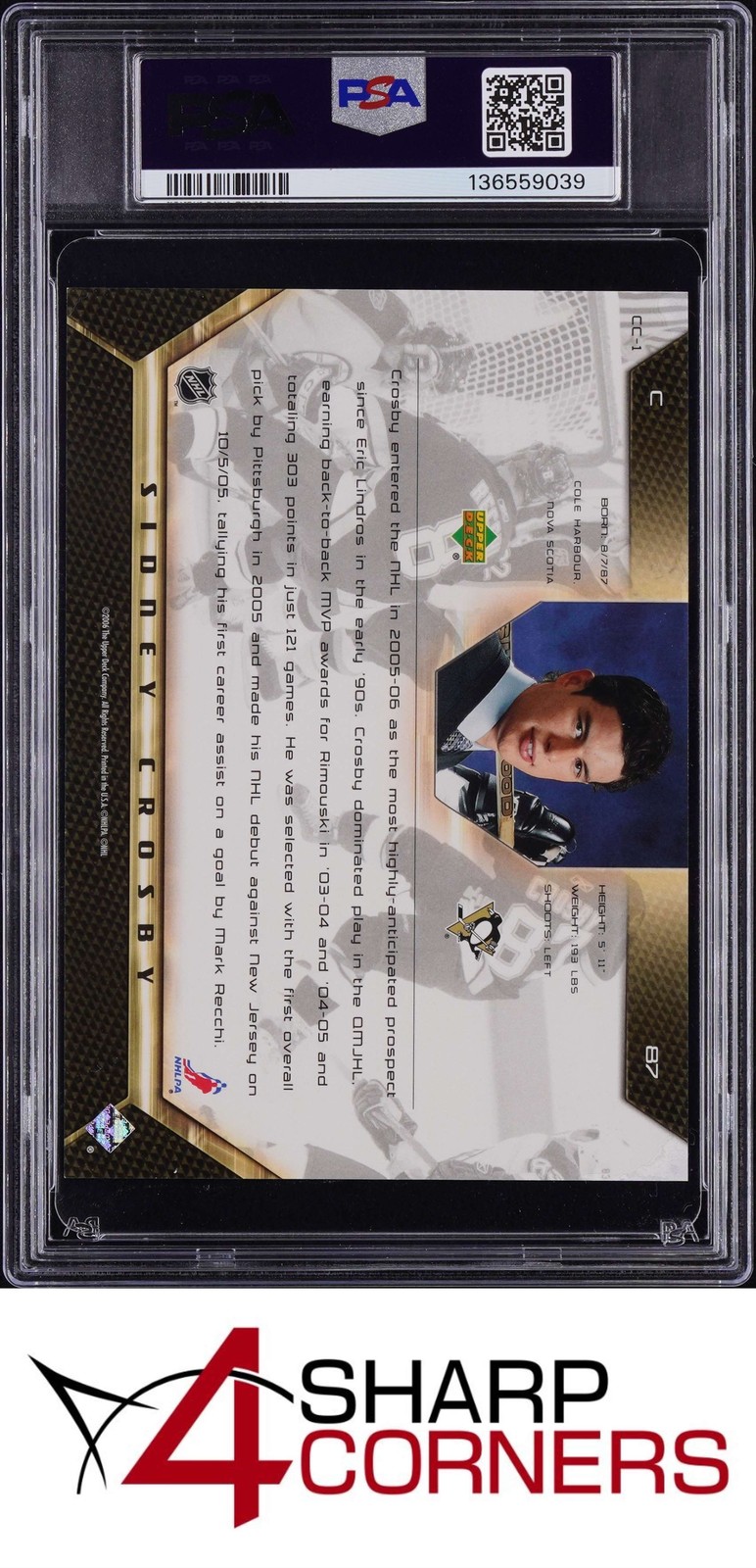 2005 UPPER DECK ROOKIE CLASS COMMEMORATIVE BOXTOPPERS #CC-1 SIDNEY CROSBY PSA 9 view 2