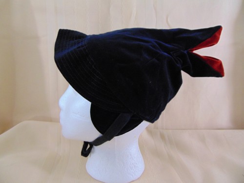 1940s Girls Hat-Navy Velvet,Ties,Welted Brim,Earflaps-VG-DARLING-  SALE