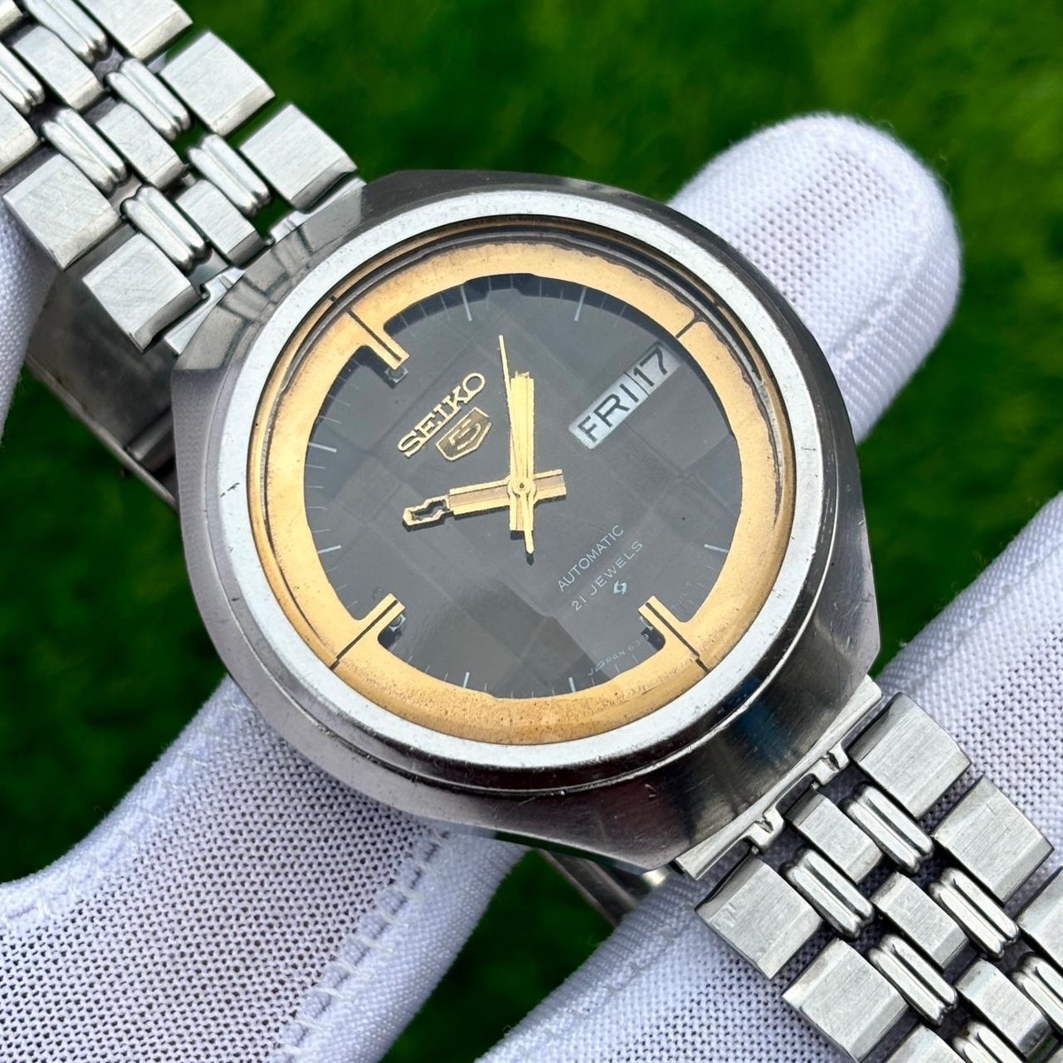 Vintage Seiko 5 Helmet Automatic Black Face Japan Made Men's Watch