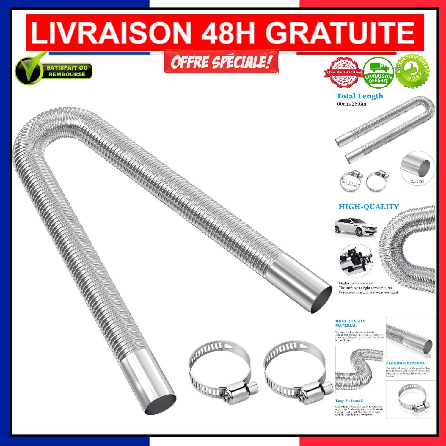 Tuyau d'échappement flexible 60 cm en acier pour supprimer les vibrations sous la voiture