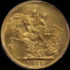1917 Sydney George V Large Head Sovereign Choice Unc (PCGS MS63)