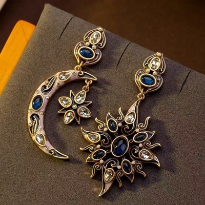 Vintage Celestial Sun Moon Earrings Blue Crystal Gold Statement Jewelry