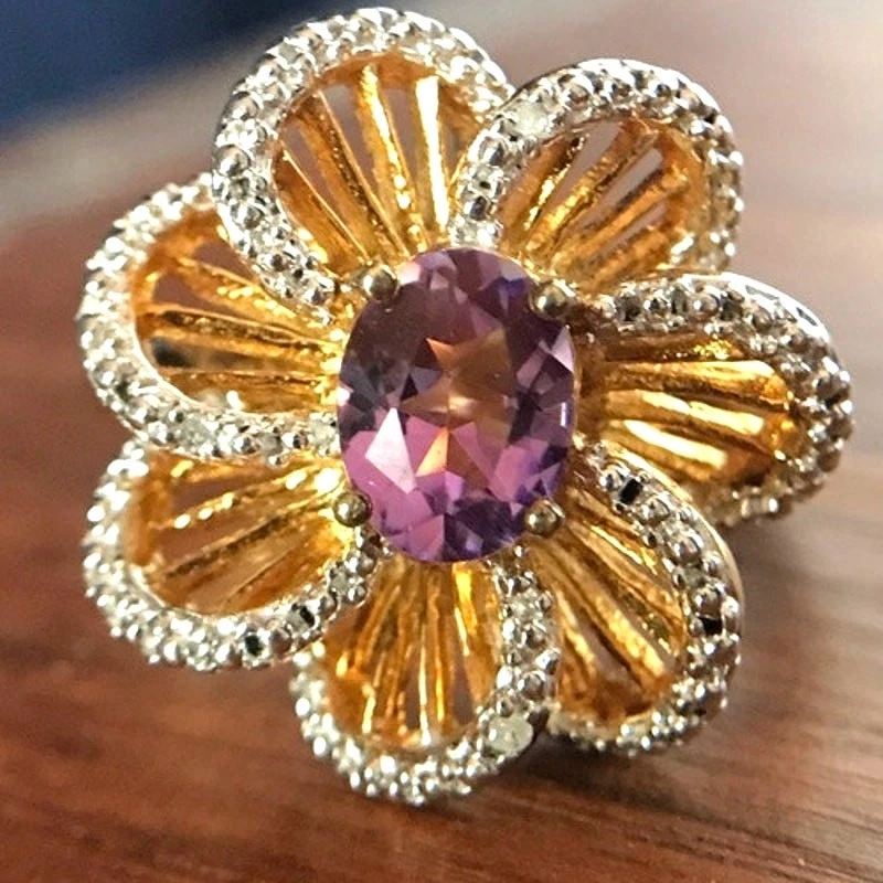 Anillo de cóctel LENOX 925 cristal esterlina flor talla 10 - imitación amatista, firmado Foto 2 de 4