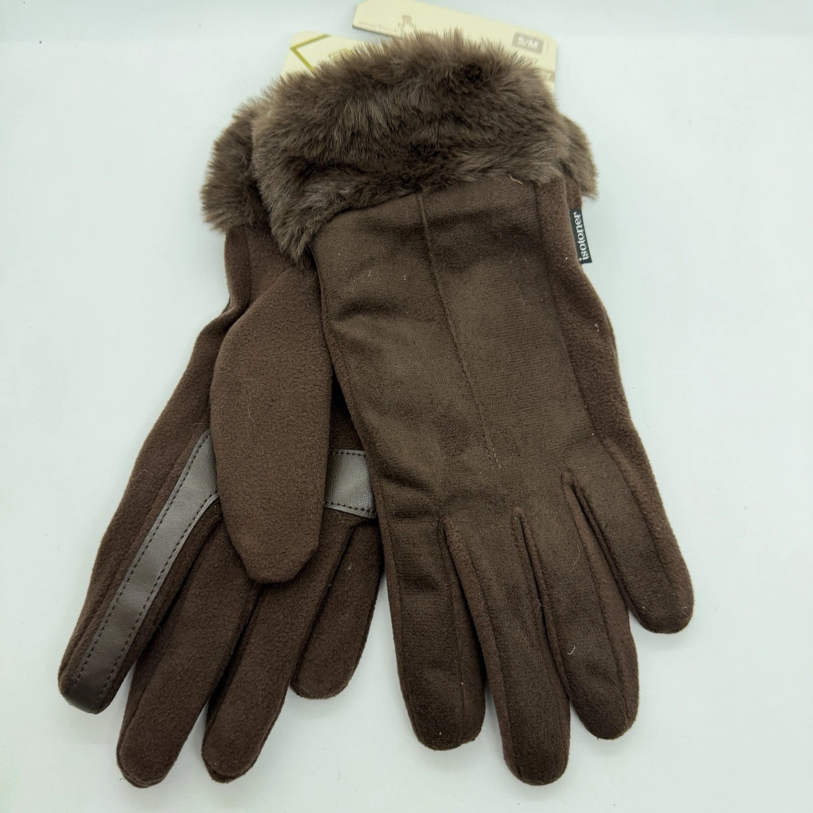 ISOTONER SmartDri fur cuff fleece lined touchscreen women's gloves -Brown S/M
