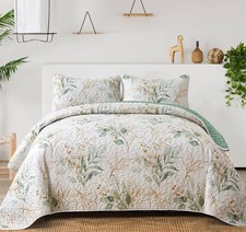 Anibedding Floral Quilt Queen Size,Green Botanical Queen Quilt 3 Pieces,Rever...