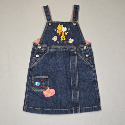 VTG Winnie The Pooh Overall Denim Dress Toddler Size 110/4T Disney Embroidered