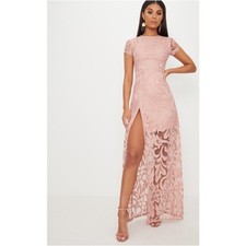 PrettyLittleThing Nude Lace Cap Sleeve Maxi Dress, Size 8